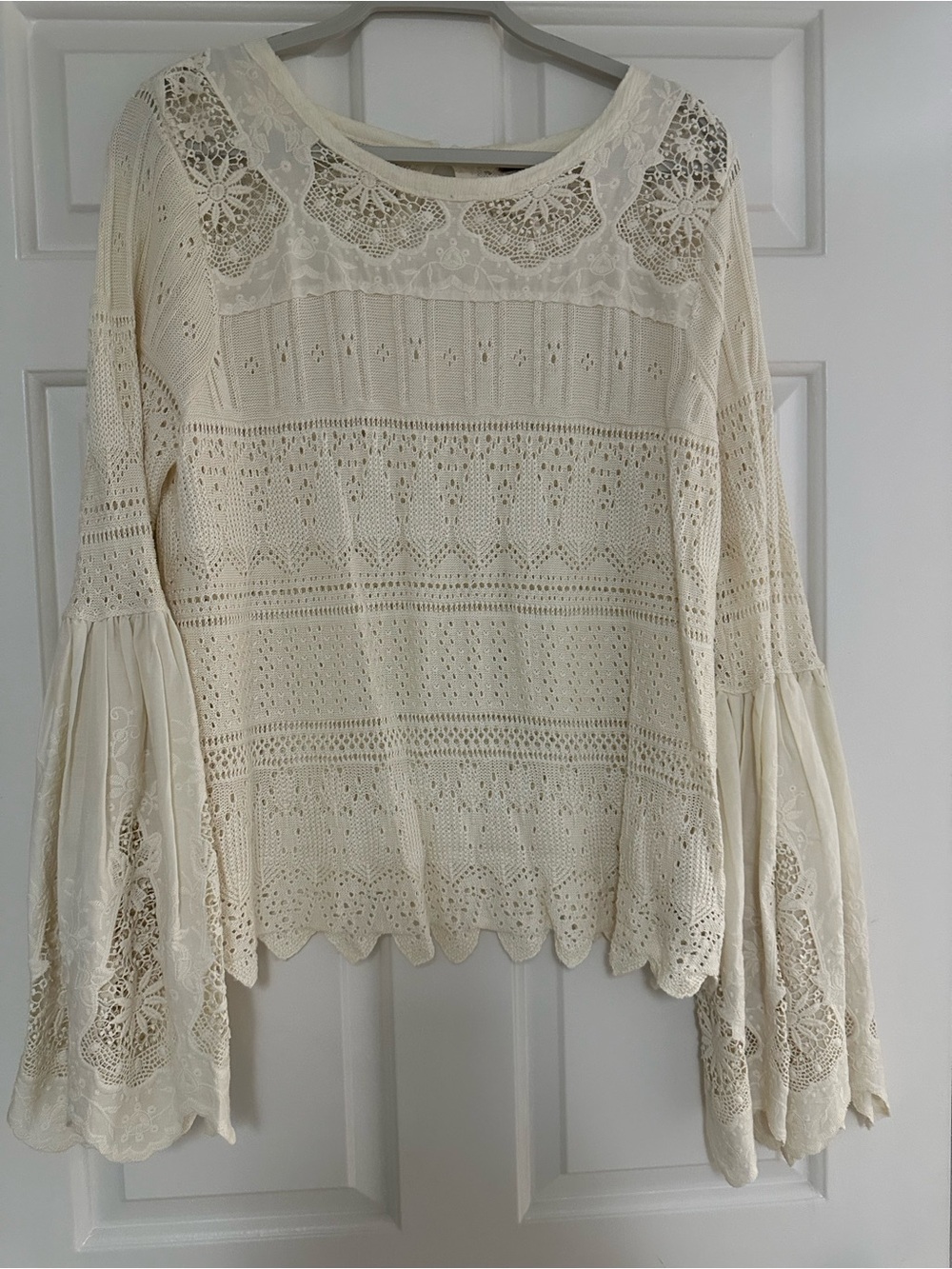 Free People Cream Crochet Lace Bell Sleeve Blouse